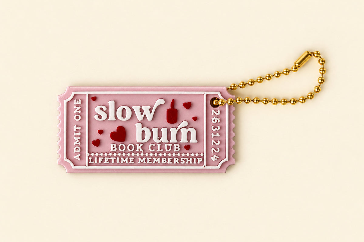 Slow Burn book club ticket in pink with red hearts by lovely day studio