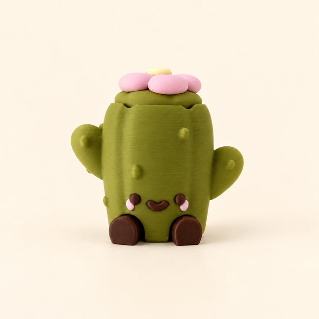 Olive green cactus clicker keychain with a pink flower and smiling face on a cream background